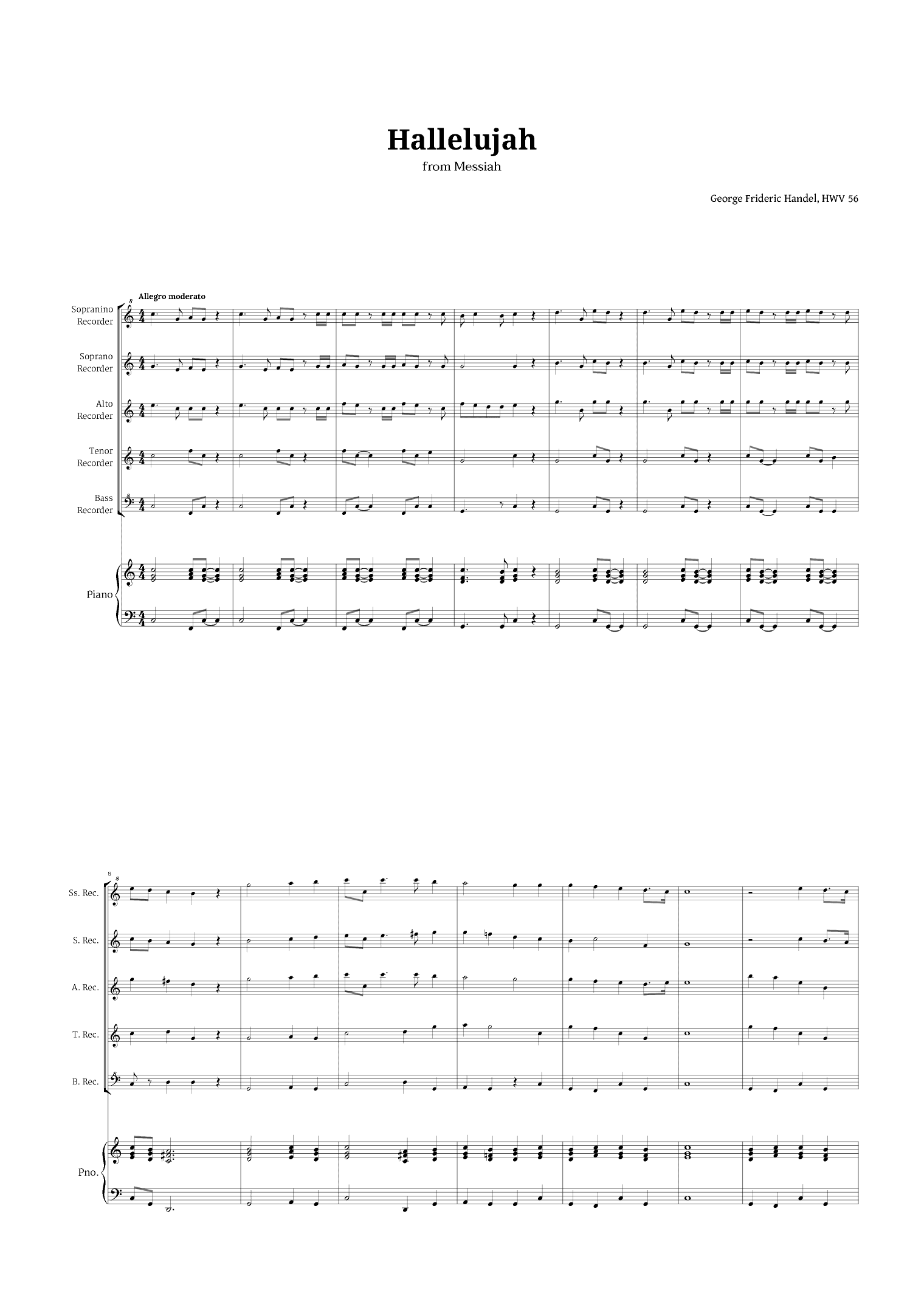 Hallelujah by Handel for Recorder Quintet and Piano (arr. Langanho)