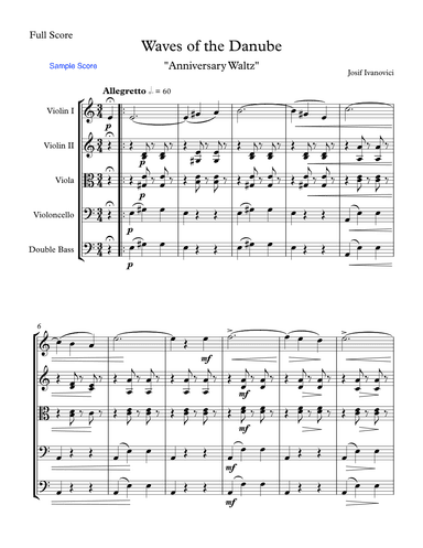 WAVES OF THE DANUBE "Anniversary Waltz" String Orchestra, Intermediate Level for 2 violins, viola, c (arr. Sherry Lewis)