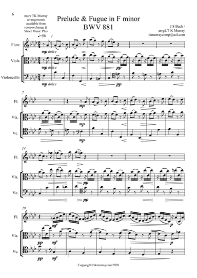 Bach - Prelude & Fugue in F Minor BWV881- Flute, Viola & Cello - Score and parts (arr. Tim TK Murray)