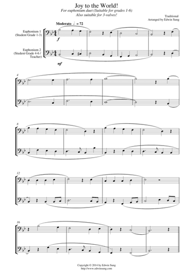 Joy to the World (for euphonium duet (bass clef, 3 or 4 valved), suitable for grades 1-6) (arr. Edwin Sung)
