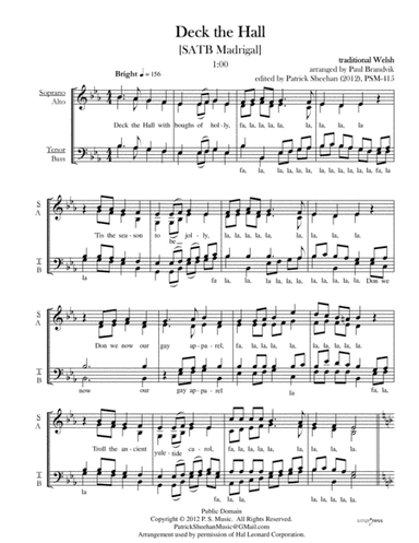 Deck the Hall [SATB madrigal] (arr. arranged by Paul Brandvik, edited by Patrick Sheehan)