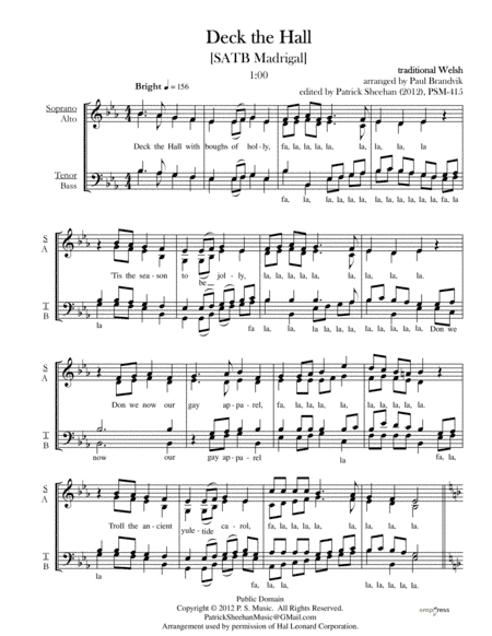 Deck the Hall [SATB madrigal] (arr. arranged by Paul Brandvik, edited by Patrick Sheehan)