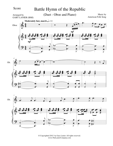 BATTLE HYMN OF THE REPUBLIC (Duet – Oboe and Piano/Score and Parts) (arr. Gary Lanier)