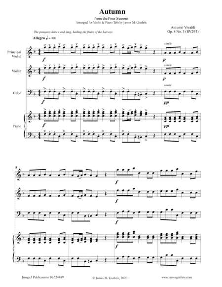 Vivaldi: Autumn from the Four Seasons for Violin & Piano Trio (arr. James Guthrie, ASCAP)