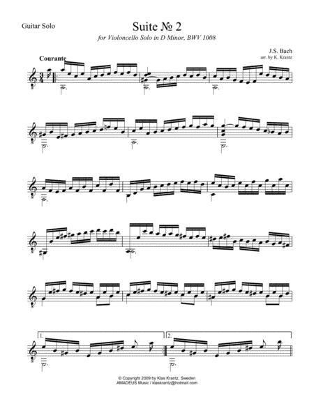 Courante (iii) form Suite 2 BWV 1008 for guitar solo (arr. K. Krantz)