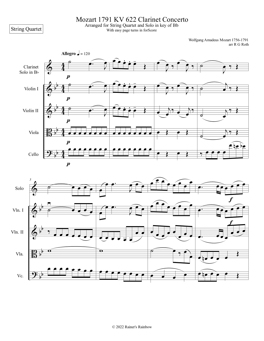 Mozart 1791 KV 622 Clarinet for Bb with With String Quartet Score and Parts (arr. R G Roth)