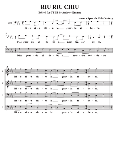 RIu Riu Chiu Chiu A Cappella TTBB (arr. Andrew Emmet)