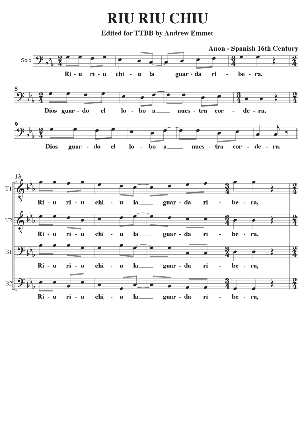 RIu Riu Chiu Chiu A Cappella TTBB (arr. Andrew Emmet)