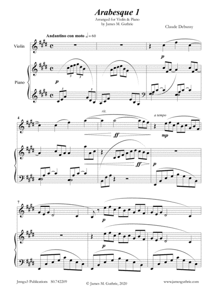 Debussy: Two Arabesques for Violin & Piano (arr. James Guthrie, ASCAP)