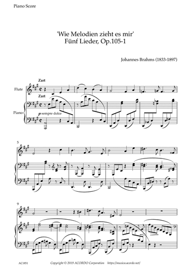 'Wie Melodien zieht es mir (It moves like a melody)' Op.105-1 for Flute & Piano (arr. Kamada, Mikio)