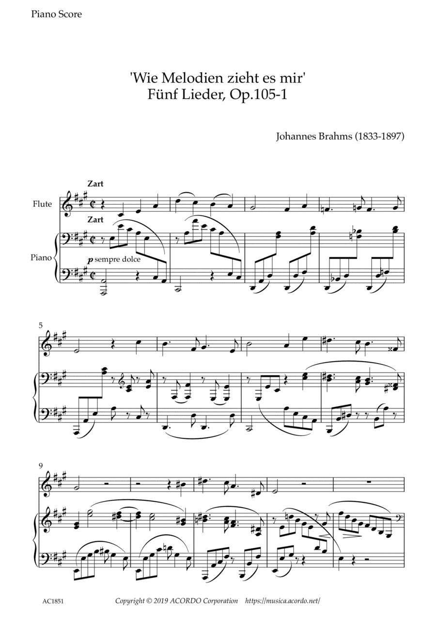 'Wie Melodien zieht es mir (It moves like a melody)' Op.105-1 for Flute & Piano (arr. Kamada, Mikio)