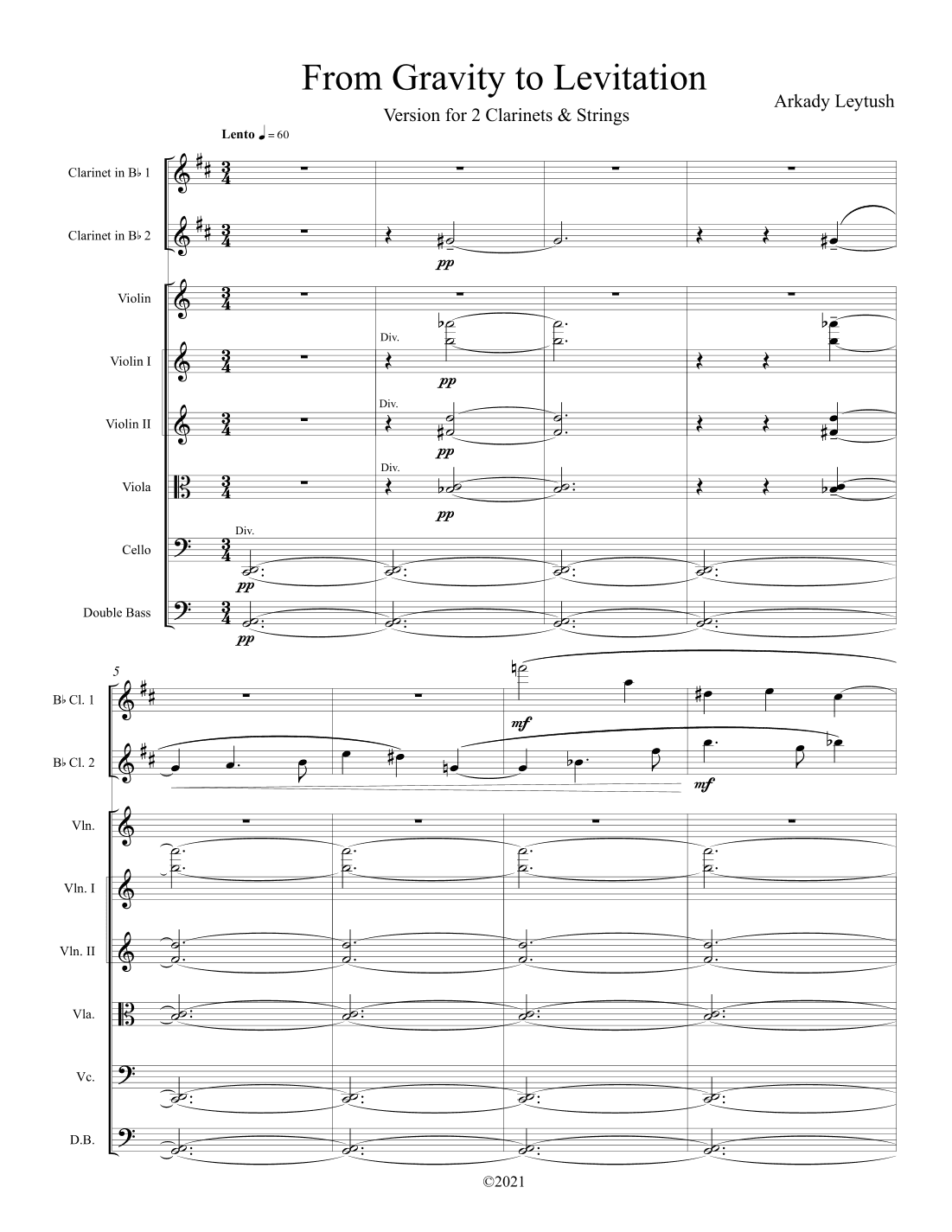 A. Leytush - "From Gravity to Levitation" for 2 Clarinets and Strings - Score Only