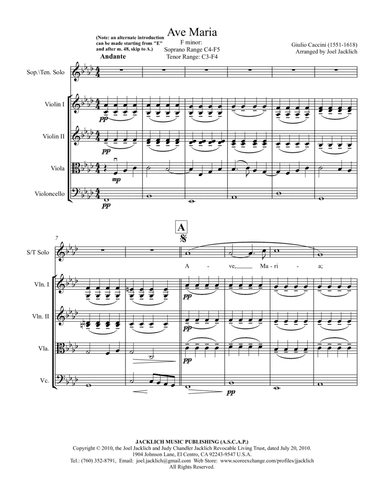 Ave Maria (Caccini) F minor for voice and string quartet (arr. Joel Jacklich (ASCAP))