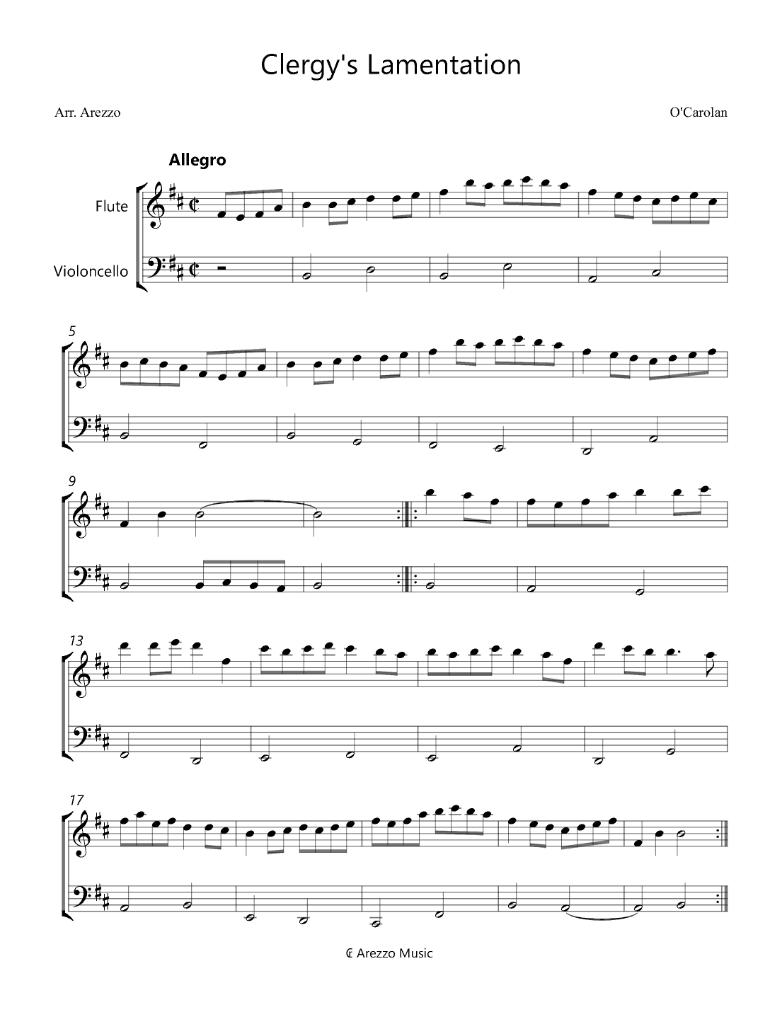 Clergy's Lamentation Flute and Cello Sheet Music (arr. Arezzo Music)