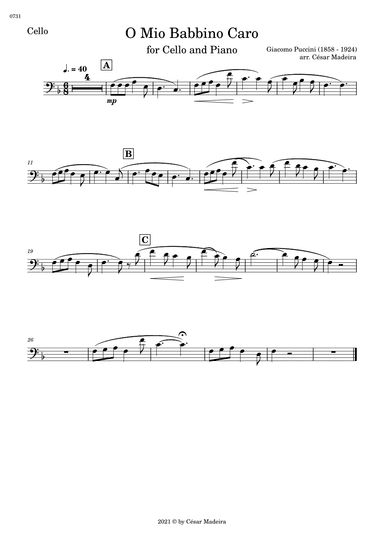 O Mio Babbino Caro by Puccini - Cello and Piano (Individual Parts) (arr. César Madeira)