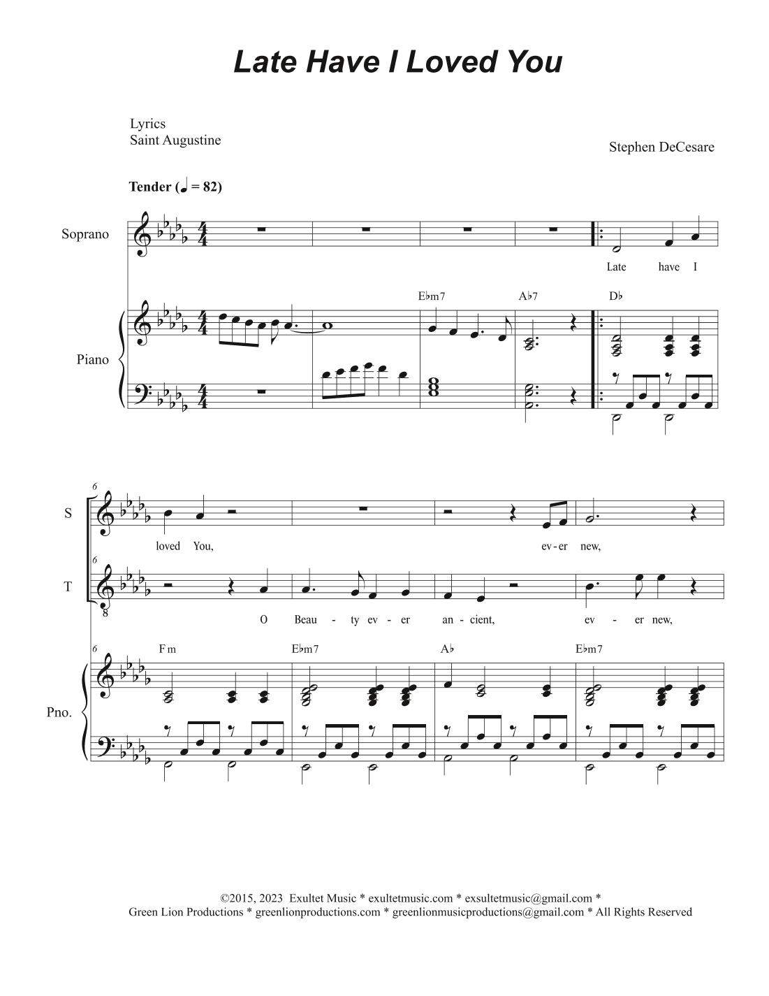Late Have I Loved You (Duet for Soprano and Tenor solo)