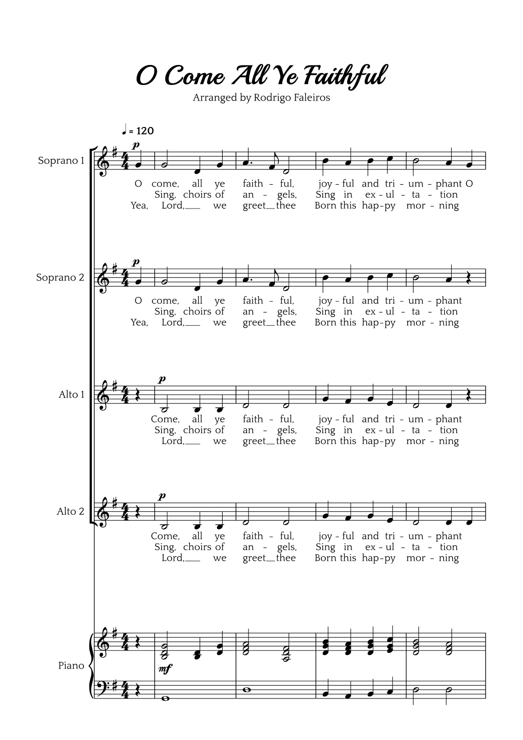 O Come All Ye Faithful (SSAA choir and piano accompaniment) (arr. Rodrigo Faleiros)
