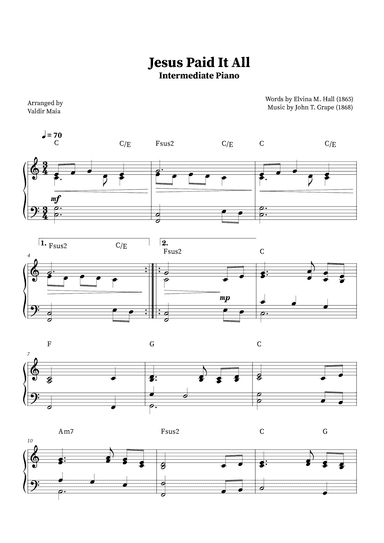 Jesus Paid It All - Intermediate Piano (+Chords) (arr. Valdir Maia)