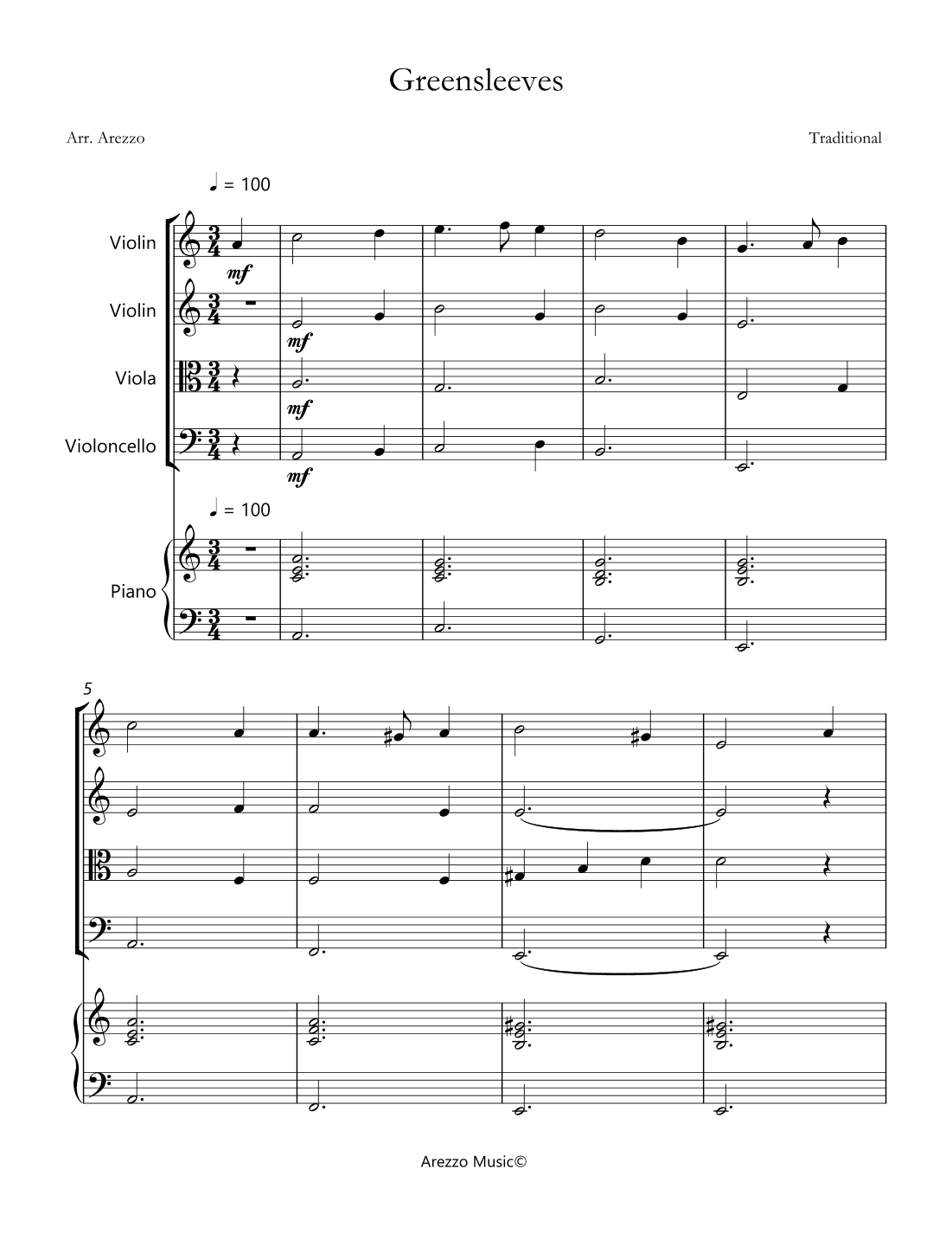 greensleeves for string quartet with piano sheet music (arr. Arezzo Music)