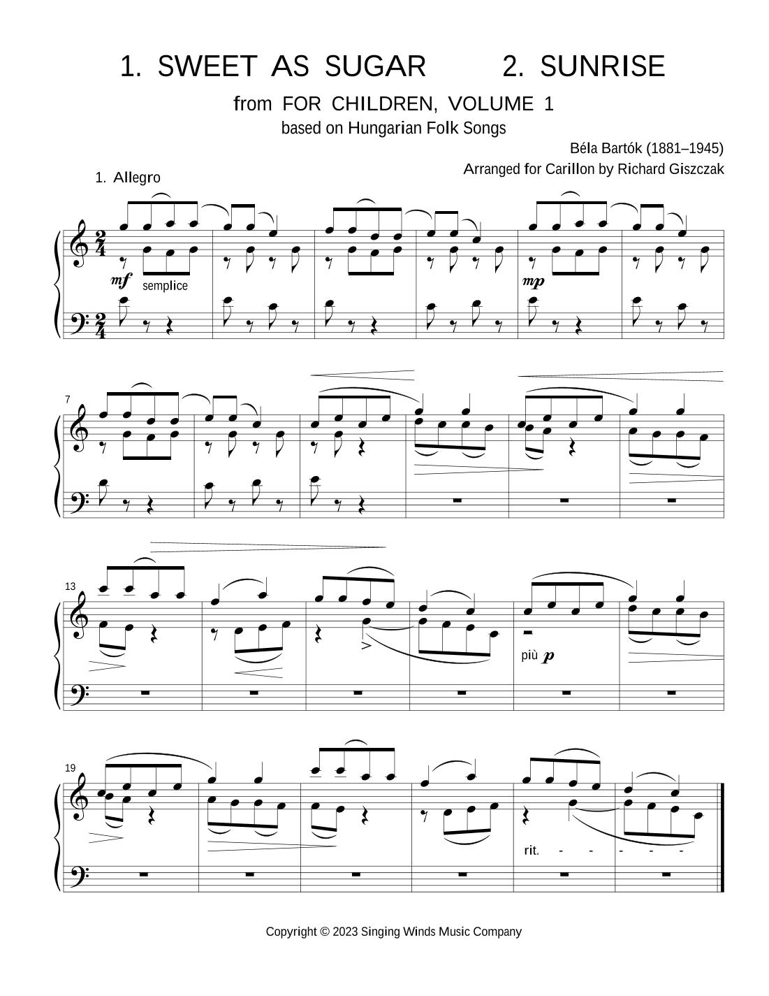 For Children, Volume 1: 1. Sweet As Sugar, 2. Sunrise (arr. Richard Giszczak)
