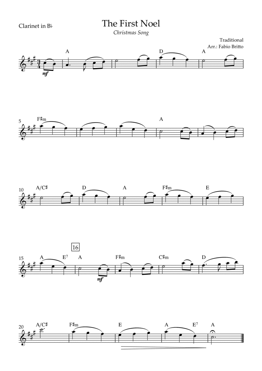 The First Noel (Christmas Song) for Clarinet in Bb Solo with Chords (arr. Fabio Britto)