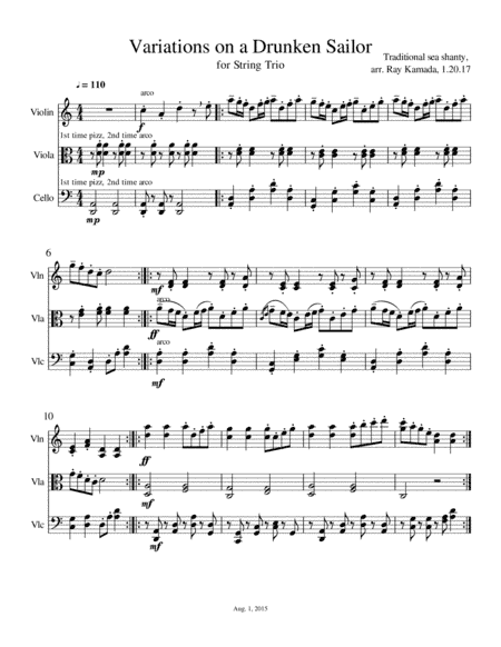 Drunken Sailor Theme and Variations, for Violin, Viola, Cello Trio (arr. Ray Kamada)