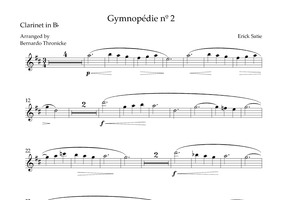 Gymnopédie nº 2 - For Clarinet in Bb (arr. Bernardo Thronicke)