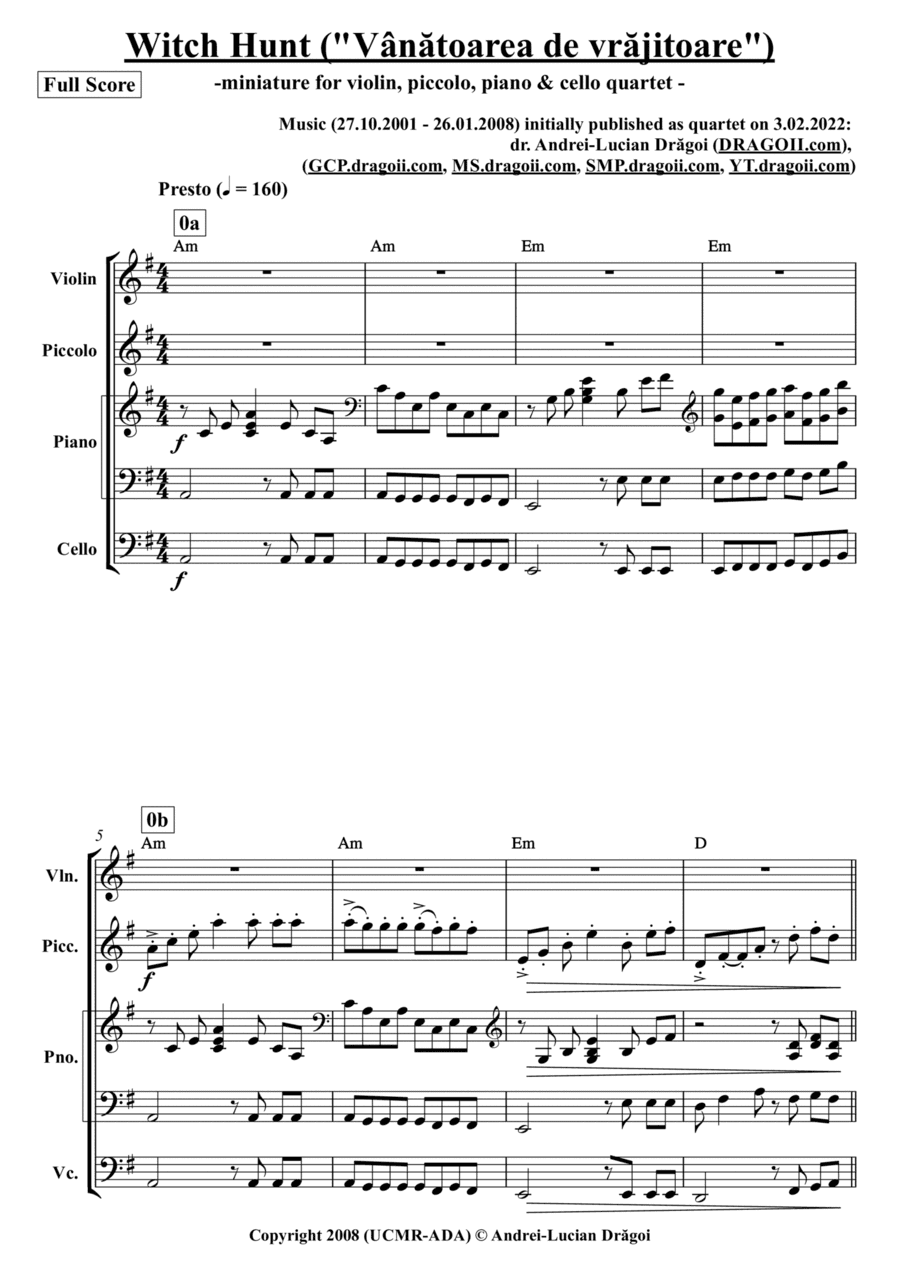 Witch Hunt ("Vânatoarea de vrajitoare") -- miniature for violin, piccolo, piano & cello quartet (