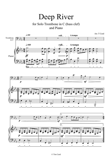 Deep River for Trombone in C Solo (bass Clef) and Piano (arr. Tim Curd)