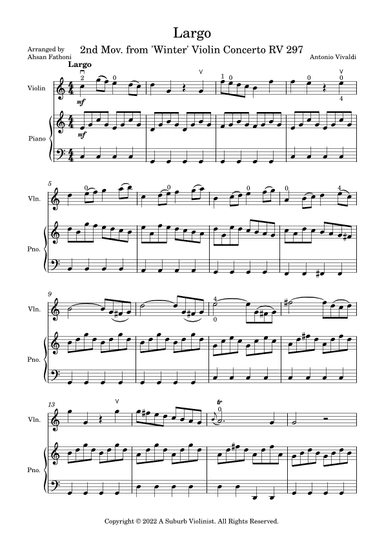 Largo, 2nd Movement of Winter Concerto RV 297 The Four Seasons for Easy Violin (arr. Ahsan Fathoni)