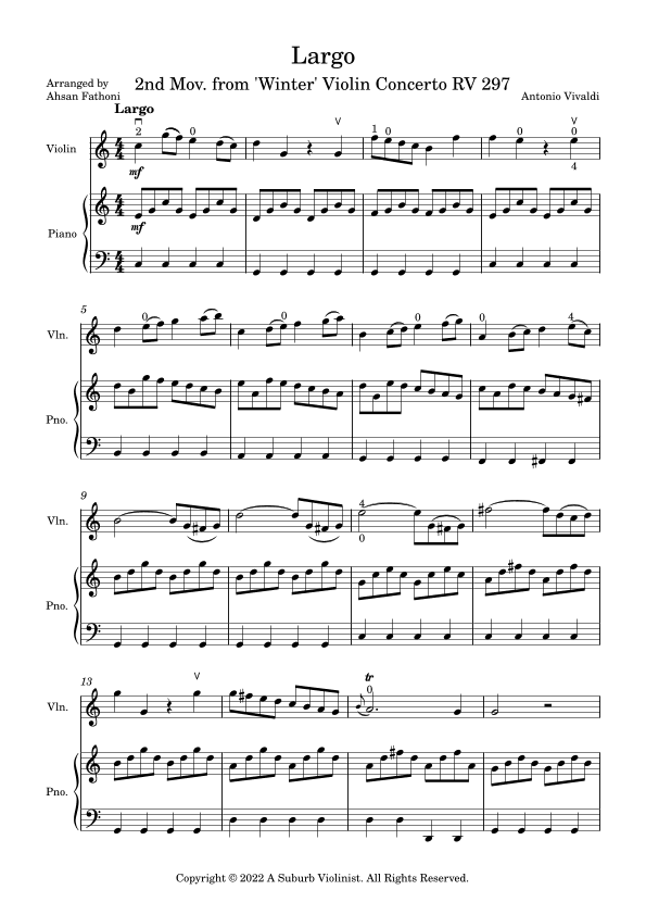 Largo, 2nd Movement of Winter Concerto RV 297 The Four Seasons for Easy Violin (arr. Ahsan Fathoni)