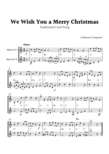 We Wish you a Merry Christmas for Horn in F Duet with Chords (arr. Rika K.)