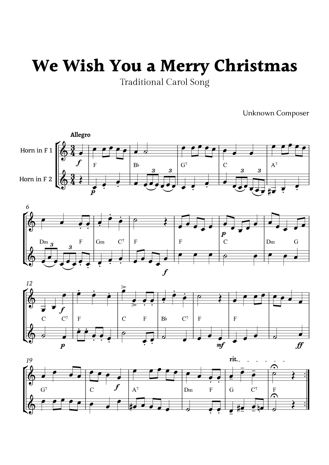 We Wish you a Merry Christmas for Horn in F Duet with Chords (arr. Rika K.)
