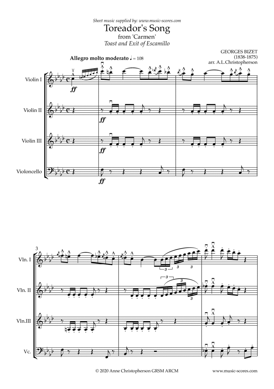 The Toreador Song from Carmen - (long version) - 3 Violins and Cello (arr. Anne Christopherson GRSM ARCM)