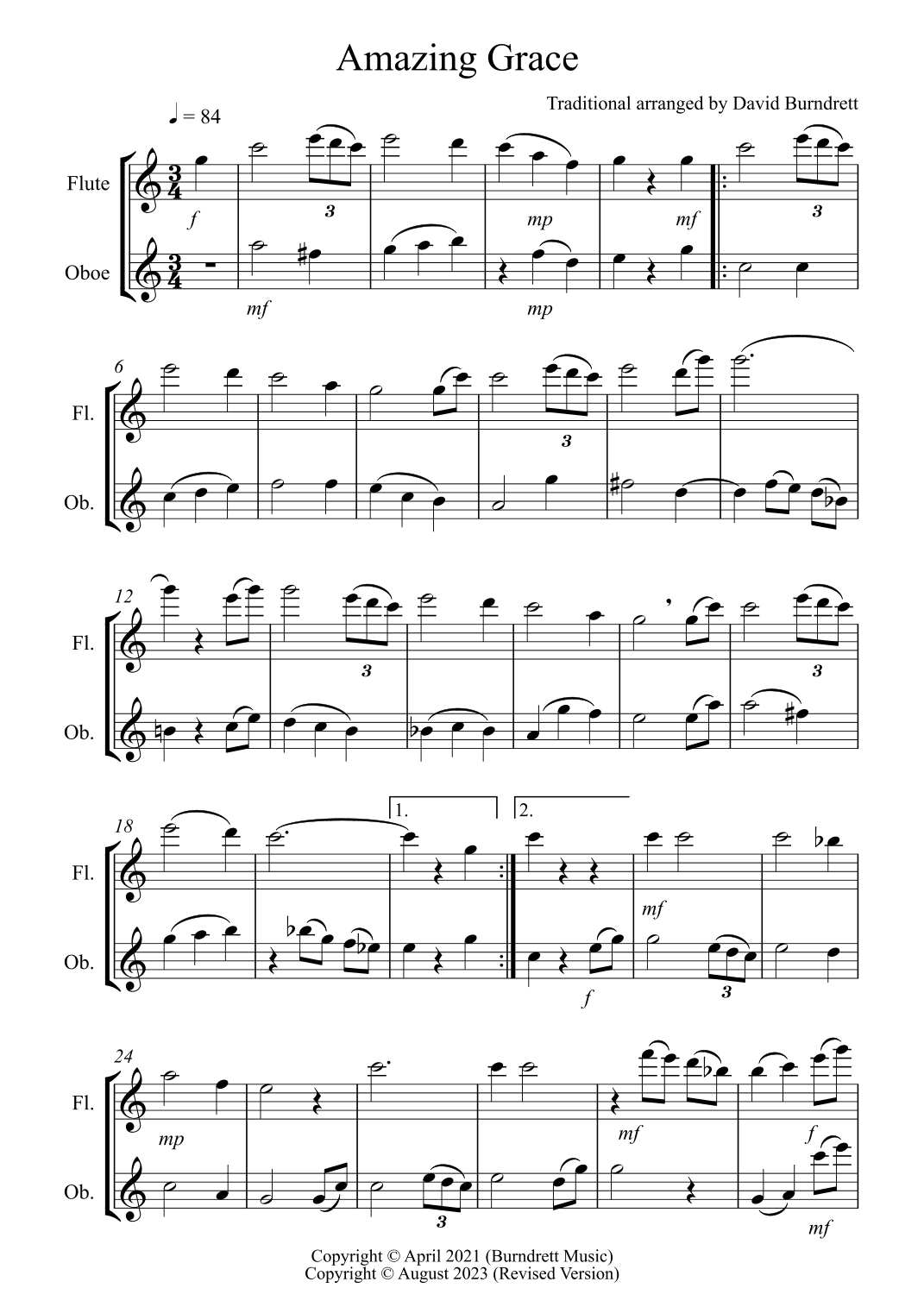 Amazing Grace for Flute and Oboe Duet (arr. David Burndrett)