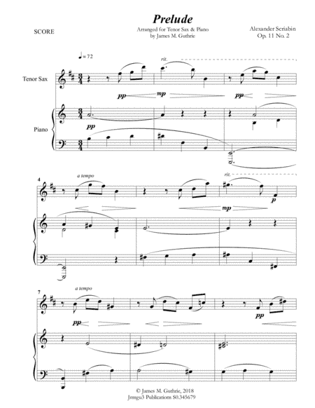 Scriabin: Prelude Op. 11 No. 2 for Tenor Sax & Piano (arr. James M. Guthrie, ASCAP)