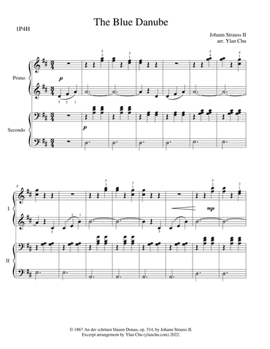 The Blue Danube (Piano Duet / Easy Piano and Teacher Parts / Piano 4 Hands / Beginner-Intermediate D (arr. Ylan Chu)