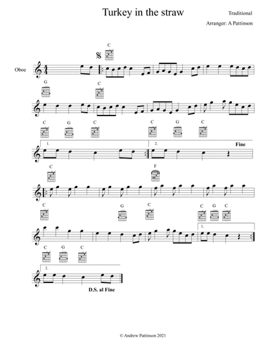 Turkey in the straw for Easy Oboe with Guitar Chords (arr. Andrew Pattinson)