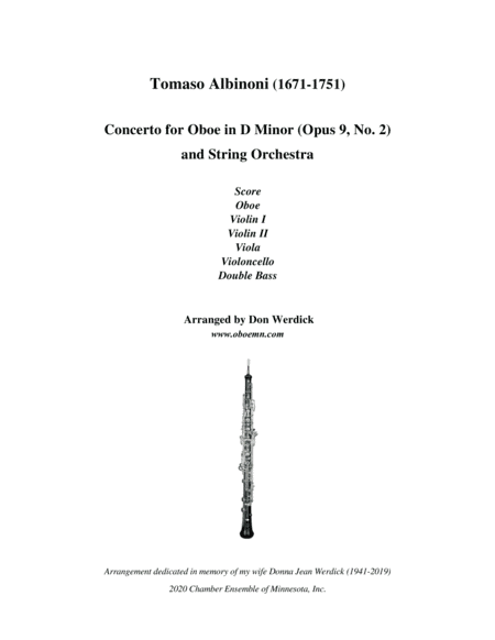 Concerto for Oboe in D Minor, Op. 9 No. 2 and String Orchestra (arr. Don Werdick (1946 - ))
