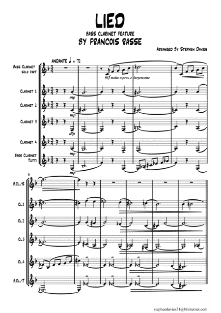 'Lied' (Song) By Francois Rasse for Solo Bass Clarinet & Clarinet Quintet (arr. Stephen Davies)