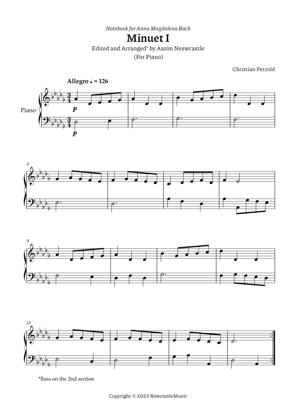 Minuet I Bach, A. M. (Book) |  C. Petzold | Db Major (#08/12 Keys) — For Piano (arr. Aaron Newcastle)