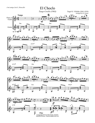 El choclo (tango) for violin or flute and guitar (D Minor) (arr. K. Krantz)
