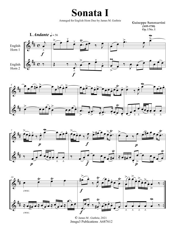 Sammartini: Sonata Op. 1 No. 1 for English Horn Duo (arr. James M. Guthrie)