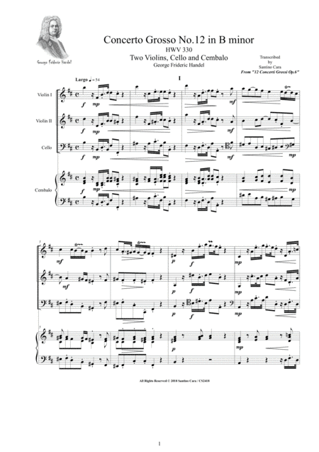 Handel - Concerto Grosso No.12 in B minor HWV 330 Op.6 for Two Violins, Cello, and Cembalo or Piano (arr. Santino Cara)