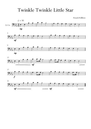 Twinkle Twinkle Little Star for Cello (Violoncello) in Eb Major. Very Easy. (arr. Matheus Araújo)