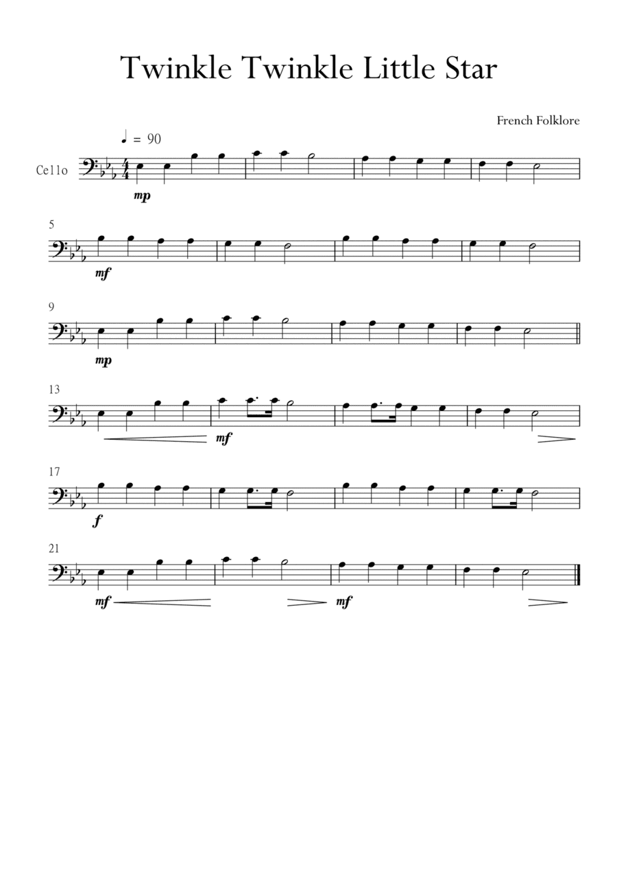 Twinkle Twinkle Little Star for Cello (Violoncello) in Eb Major. Very Easy. (arr. Matheus Araújo)