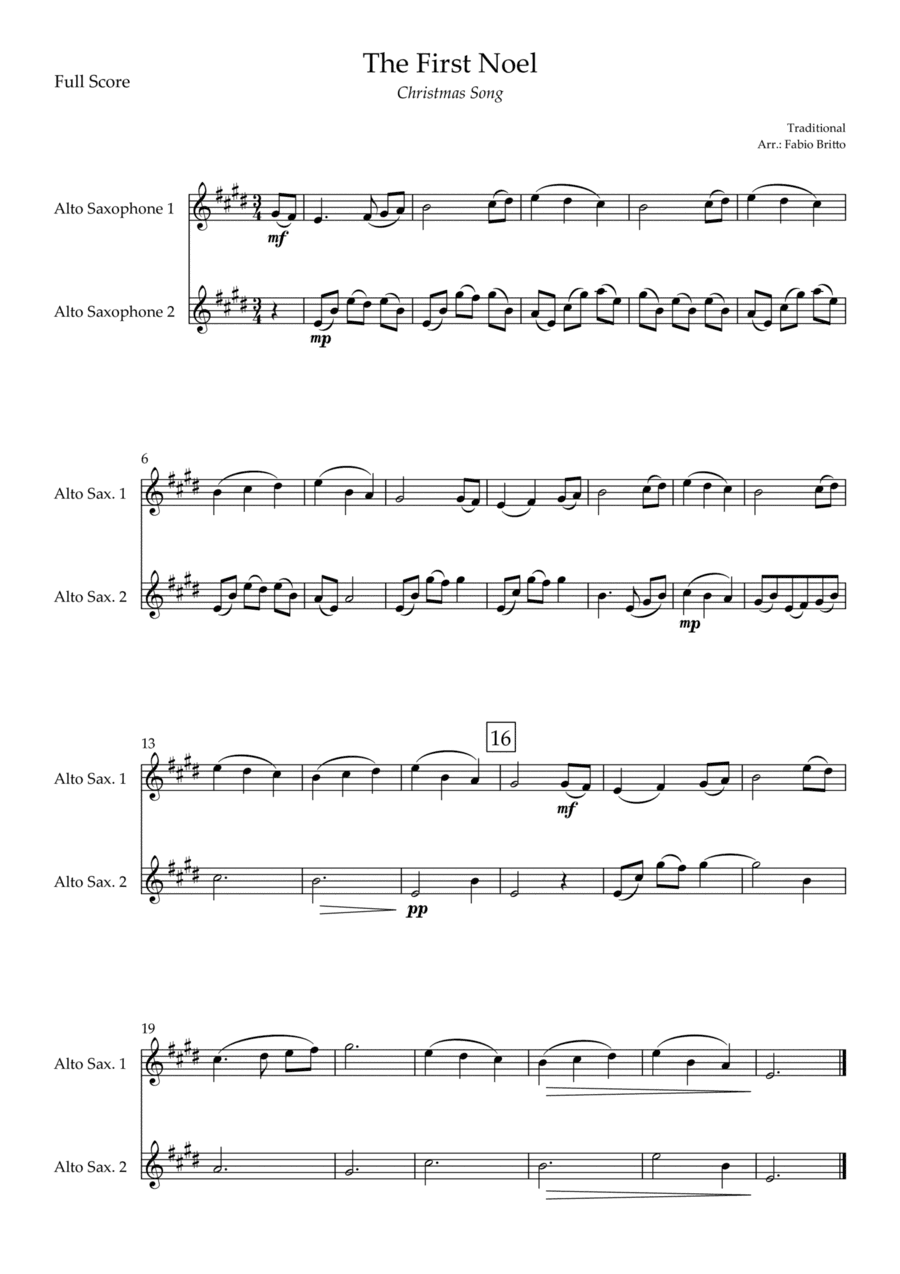 The First Noel (Christmas Song) for Alto Saxophone Duo (arr. Fabio Britto)