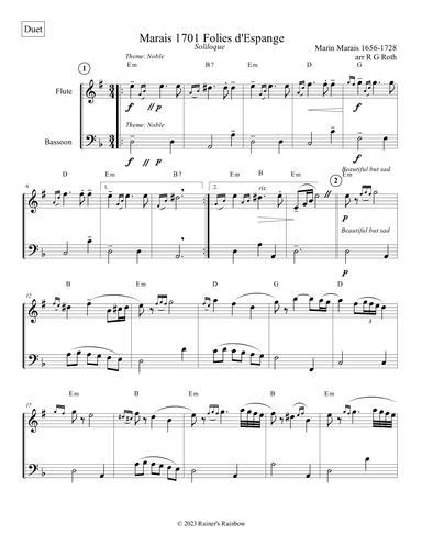 Marais 1701 Folies d'Espagne Flute and Bassoon Duet Score and Parts (arr. R G Roth)