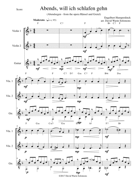 Abendsegen (Abends will ich schlafen gehn) for 2 violins and guitar (arr. David Warin Solomons)