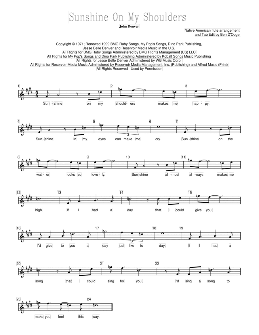 Sunshine On My Shoulders (arr. Ben D'Ooge)